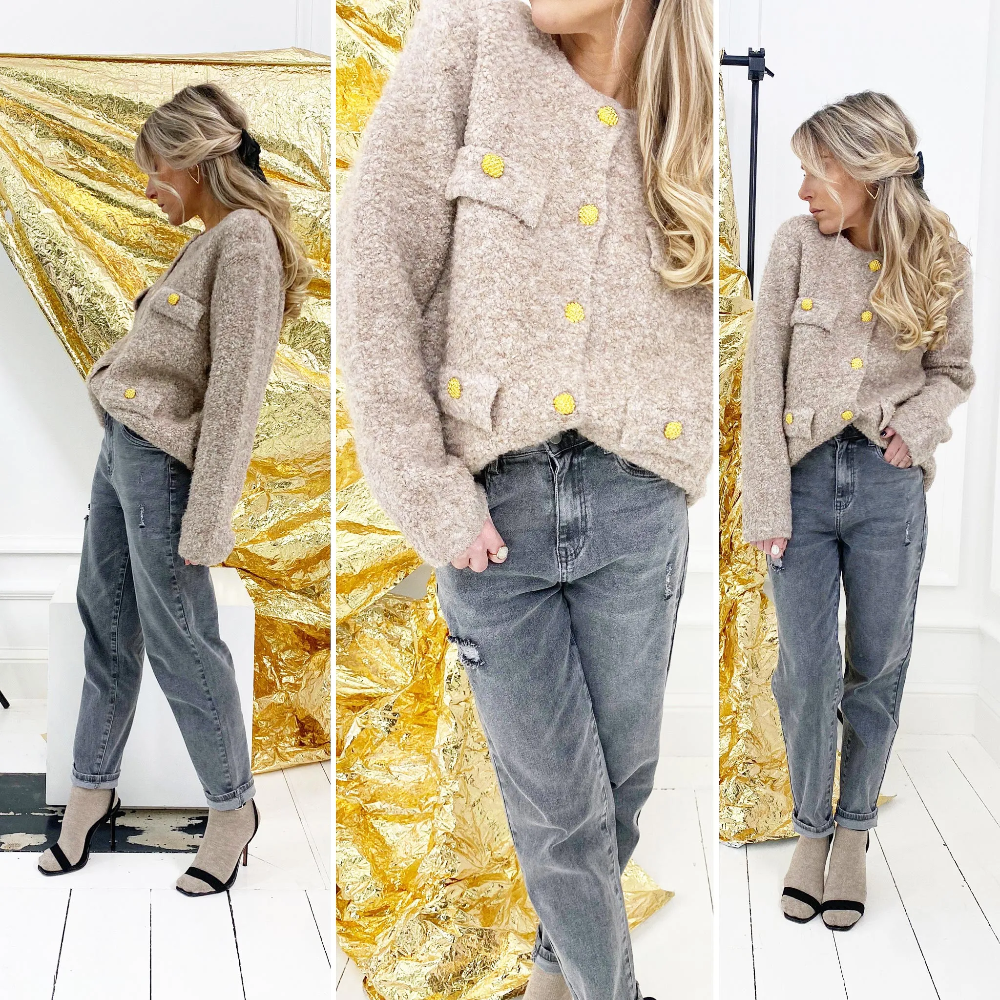 Gilet taupe bouclette boutons dorés