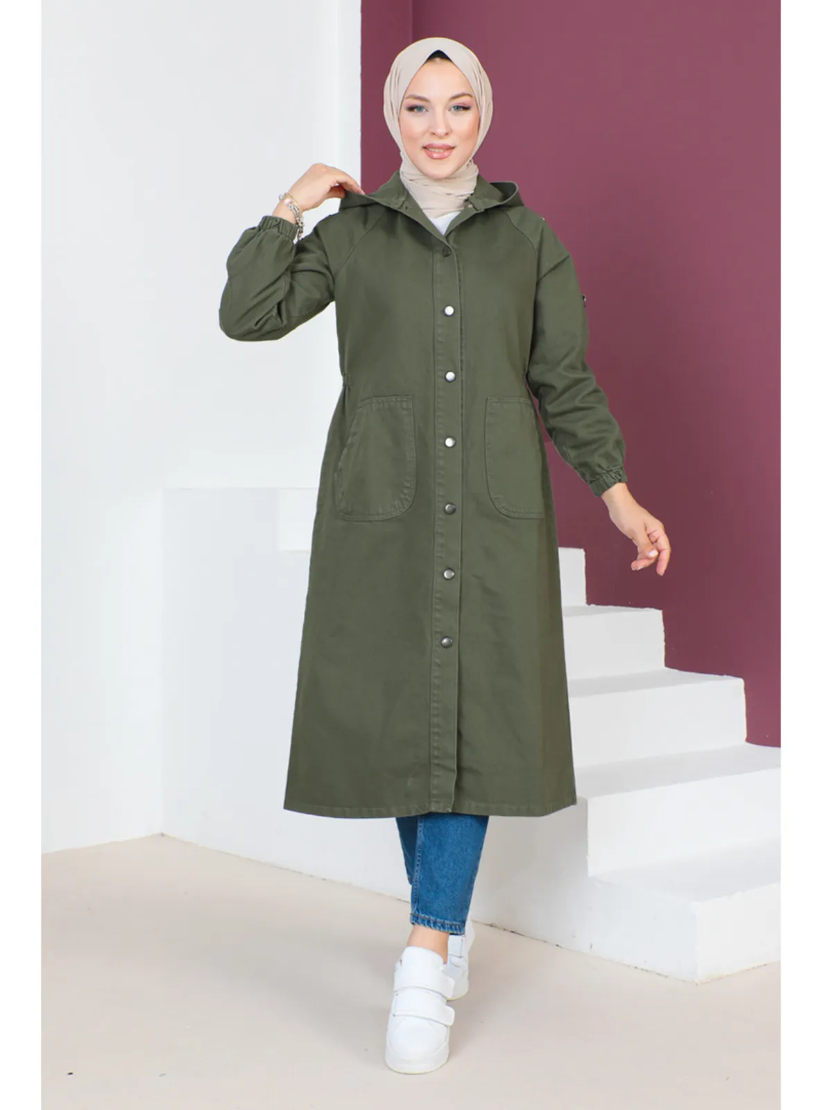Khaki - Unlined - Crew neck - Topcoat