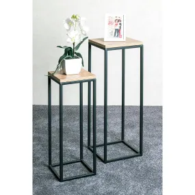 Lot de 2 porte plantes en métal noir et étagères décor chêne | 3 Suisses