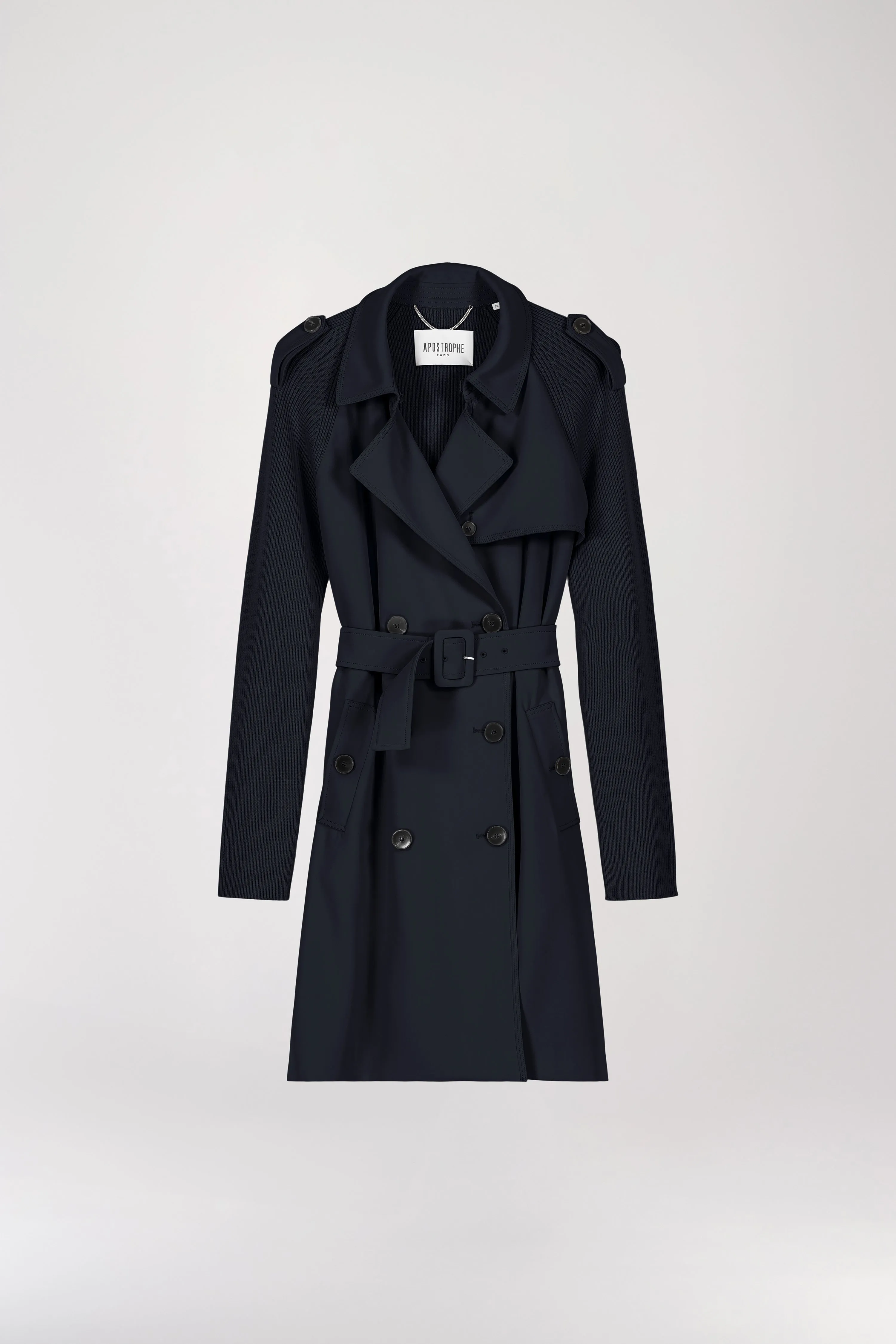 Manteau mi-long bi-matière marine