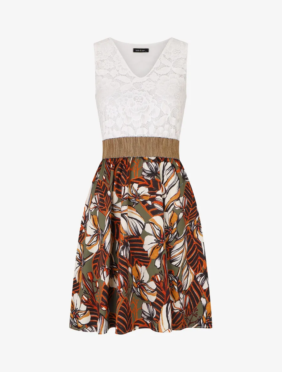 Robe imprimé fleuri à bustier en dentelle - Kaki