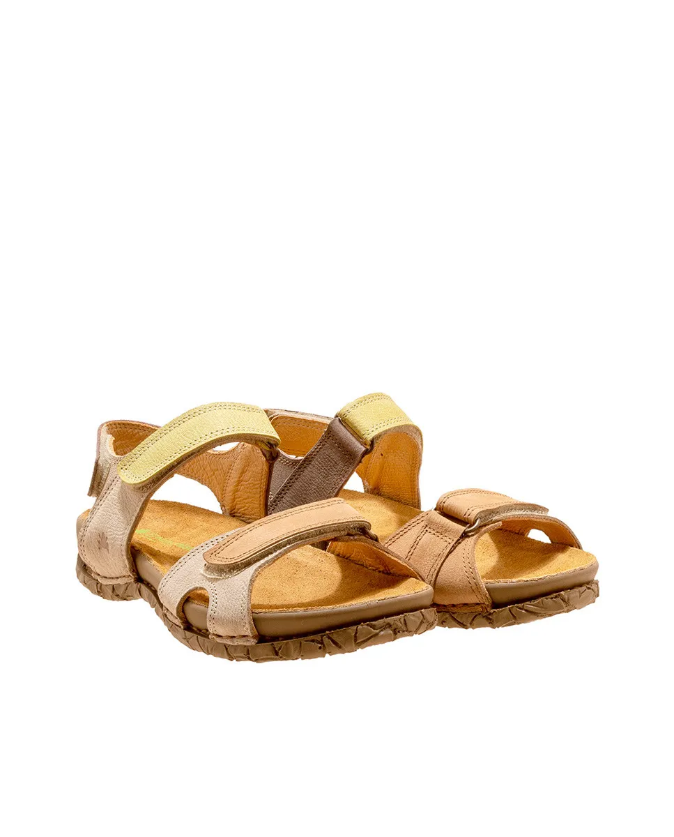 Sandales confortables plates en cuir à scratch et semelles ergonomiques - Beige