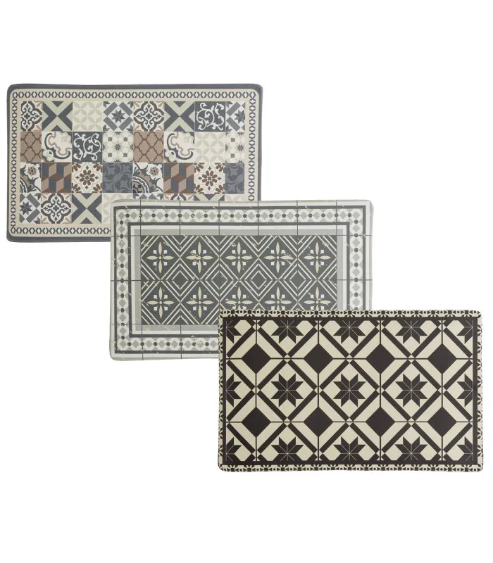 Set de 3 tapis de cuisine ergonomiques carreaux de ciment - 45x75cm