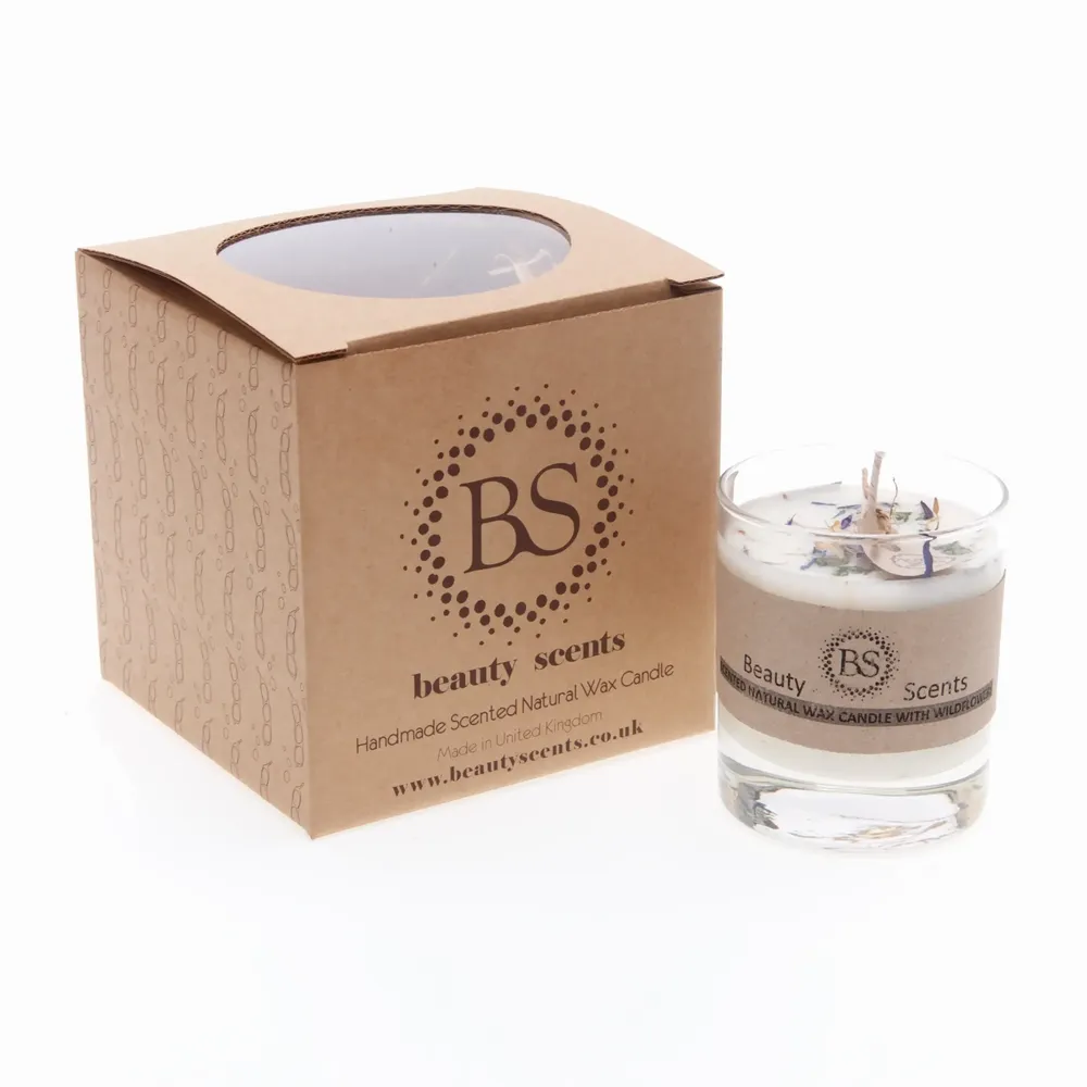 Small scented soy candle with wild flowers in glass container box of 6, mango